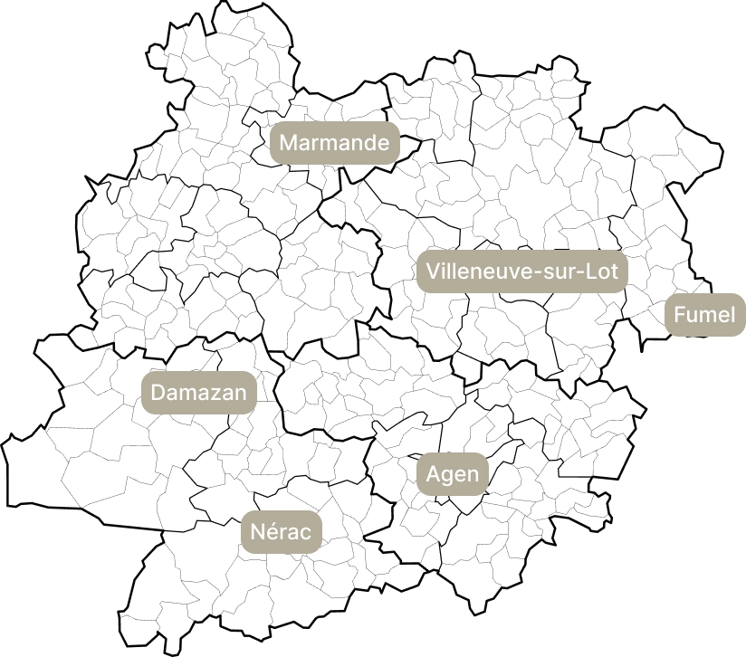 Carte du Lot-et-Garonne et des communes couvertes par l'agence
